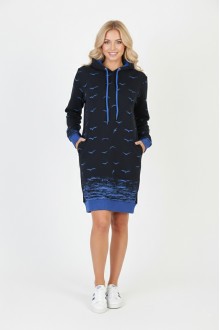 Kadın Lacivert Martı Desenli Kapüşonlu Cepli Uzun Kollu Jakarlı İnterlok Penye Sweatshirt Elbise