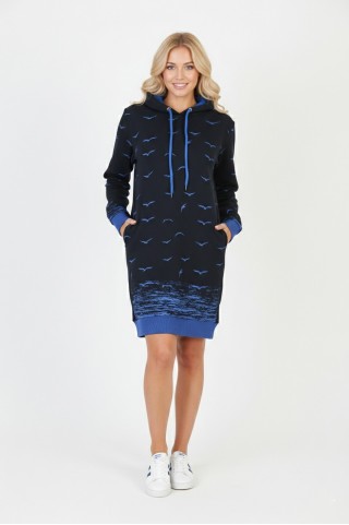 Kadın Lacivert Martı Desenli Kapüşonlu Cepli Uzun Kollu Jakarlı İnterlok Penye Sweatshirt Elbise
