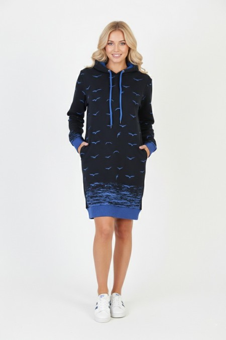 Kadın Lacivert Martı Desenli Kapüşonlu Cepli Uzun Kollu Jakarlı İnterlok Penye Sweatshirt Elbise
