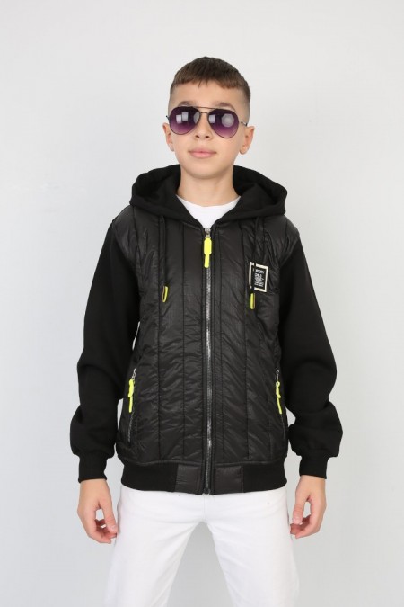 Üç İplik Kapşonlu Fermuarlı Baskılı Siyah Yeşil Sweat