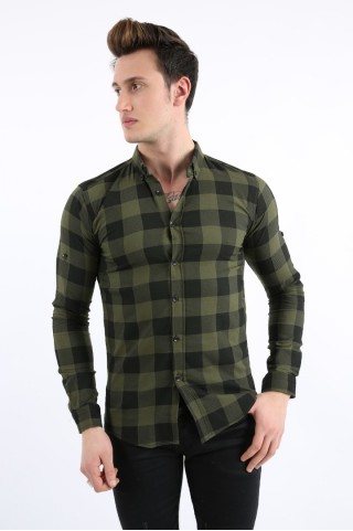 Büyük Kare Likralı Haki Gömlek