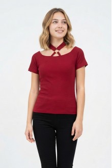 Kadın Boyun Detaylı Metal Halkalı Kısa Kollu Fitilli Crop Bluz Tişört