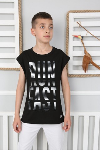  Sıfır Kol Baskılı % 100 Cotton Kumaş Siyah Tişört