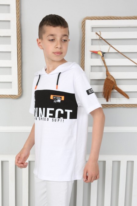 Kapşonlu Baskılı 100% Cotton Beyaz Tişört