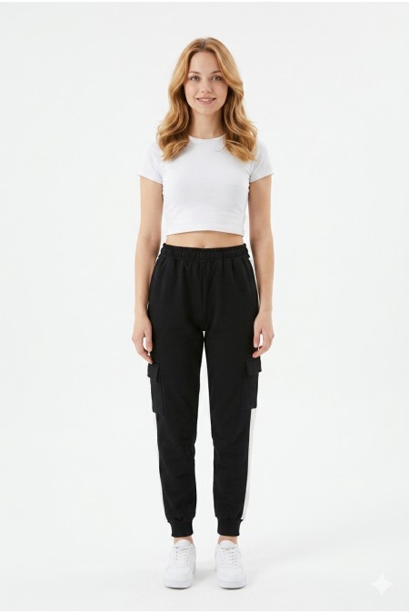 Kadın Şeritli Kargo Cepli Rahat Kesim Lastik Paçalı Günlük Spor Alt Eşofman