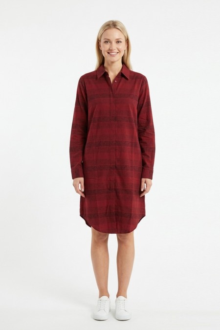 Kadın Bordo Yatay Çizgili Boydan Düğmeli Uzun Kollu Gömlek Tunik Elbise