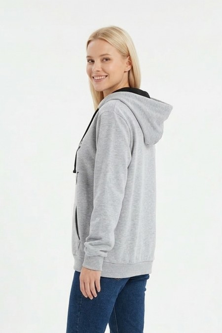 Kadın Gri Queen Yazılı Taç Baskılı Kapüşonlu Kanguru Cepli Sweatshirt