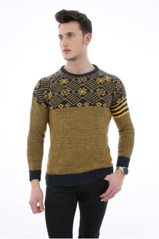 Çizgili Desenli Kalın Kışlık Erkek Günlük Triko Kazak