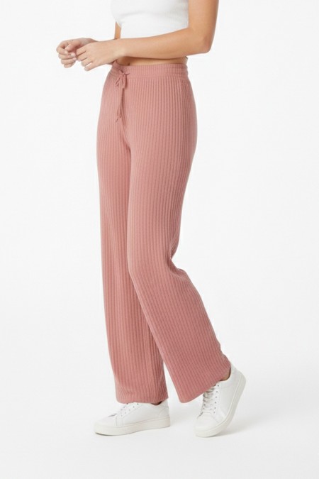 Kadın Pembe Yüksek Bel Fitilli Örme Bağcıklı Esnek Likralı Geniş Paça Pantolon