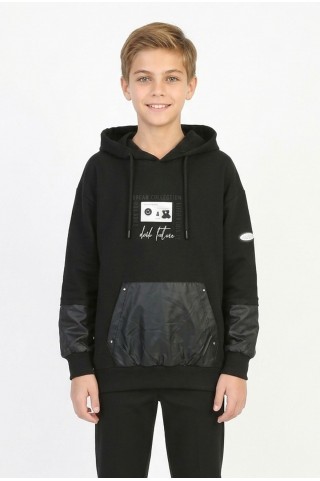 Erkek Çocuk İki İplik Kapüşonlu Baskılı Deri Detay Cepli Günlük  Sweatshirt