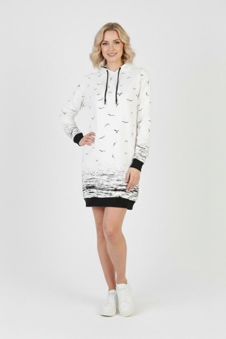 Kadın Beyaz Martı Desenli Kapüşonlu Cepli Uzun Kollu Jakarlı İnterlok Penye Sweatshirt Elbise
