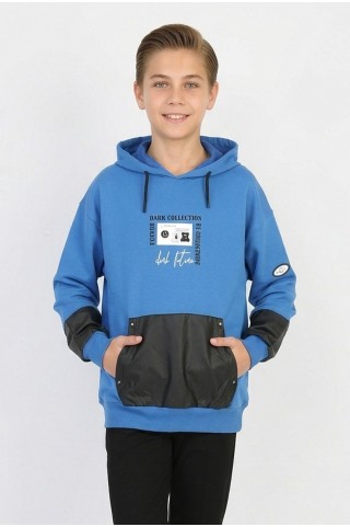 Erkek Çocuk İki İplik Kapüşonlu Baskılı Deri Detay Cepli Günlük  Sweatshirt