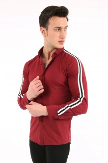 Erkek Slim Fit Kolu Çift Beyaz Şerit Detaylı Uzun Kollu Düğmeli Pamuklu Şık Gömlek