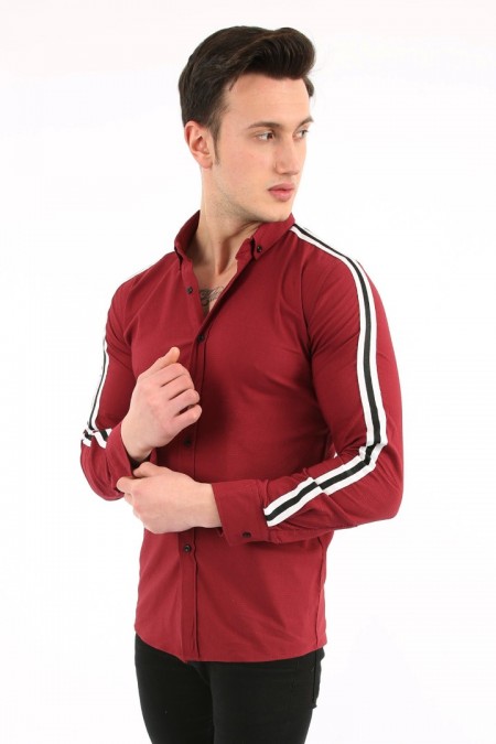 Erkek Slim Fit Kolu Çift Beyaz Şerit Detaylı Uzun Kollu Düğmeli Pamuklu Şık Gömlek