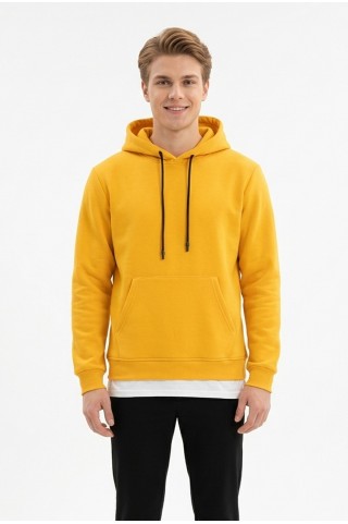 Erkek Üç İplik Şardonlu Kapşonlu Kanguru Cepli Alttan Çıkmalı Günlük Sweatshirt