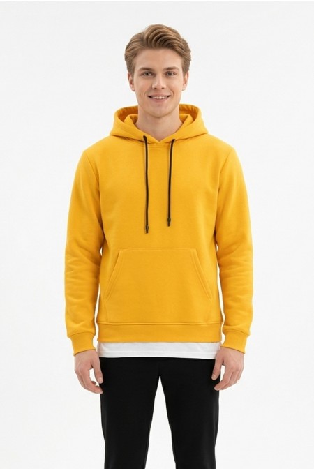 Erkek Üç İplik Şardonlu Kapşonlu Kanguru Cepli Alttan Çıkmalı Günlük Sweatshirt