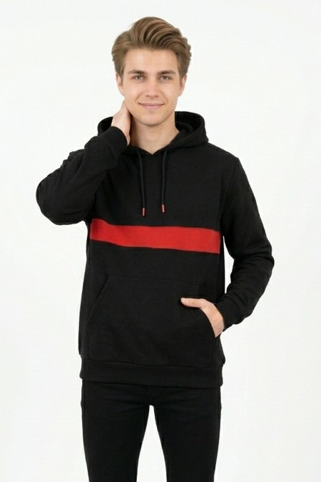 Erkek Üç İplik Kapşonlu Kalın Çizgili Kanguru Cepli Günlük Sweatshirt