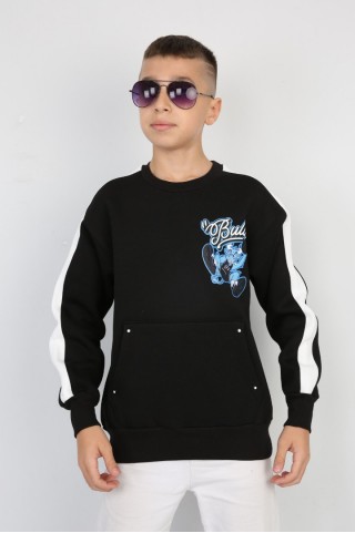 Üç İplik Şardonlu Arka Baskılı Siyah Sweat