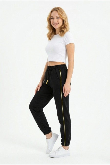 Kadın İki İplik Yanı İnce Çizgili Rahat Kesim Lastik Paçalı Cepli Günlük Spor Giyim Alt Eşofman