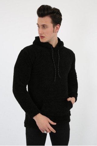 Kapşonlu Siyah Pelüş Sweat