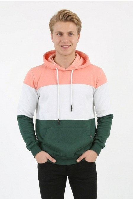 Erkek Üç İplik Şardonlu Kapüşonlu Parçalı Kanguru Cepli Günlük Sweatshirt