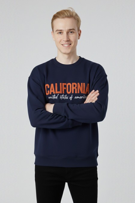 Erkek Lacivert Oversize Bisiklet Yaka California Nakış Baskılı Pamuklu Sweatshirt