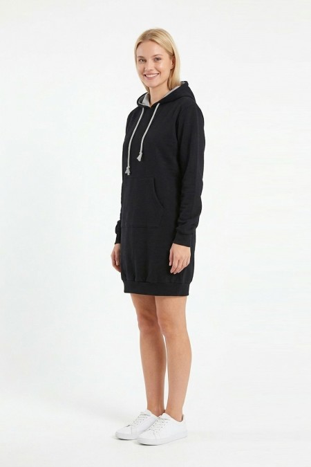 Kadın Siyah Kapüşonlu Kanguru Cep Detaylı Uzun Kollu  Sweatshirt Tunik Elbise