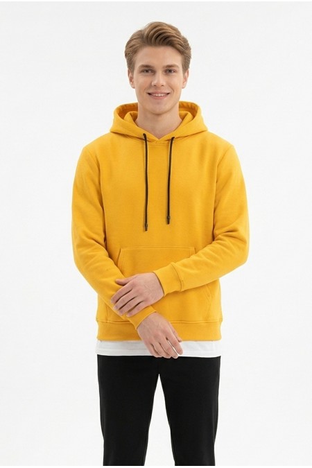 Erkek Üç İplik Şardonlu Kapşonlu Kanguru Cepli Alttan Çıkmalı Günlük Sweatshirt