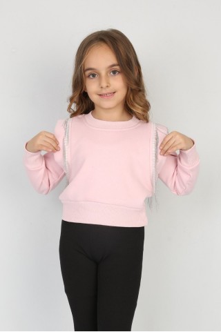 Üç İplik Şardonlu Pamuk Kumaş Pembe Crop Sweat 