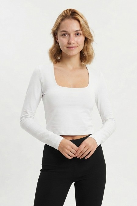 Kadın Kare Yaka Esnek Likralı Uzun Kollu Crop Bluz