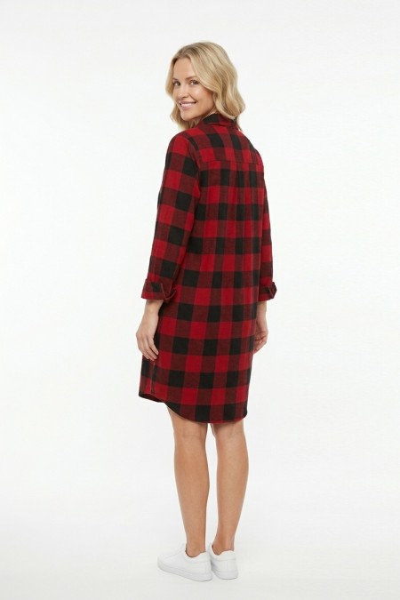 Kadın Kırmızı Siyah Ekose Desenli Düğmeli Uzun Kollu Pamuklu Gömlek Tunik Elbise