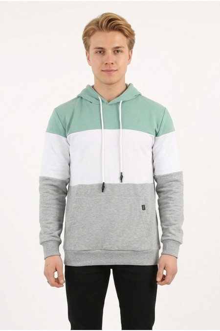Erkek Üç İplik Şardonlu Kapüşonlu Parçalı Kanguru Cepli Günlük Sweatshirt