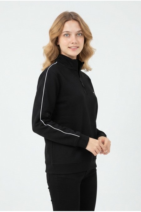Kadın Yarım Fermuarlı Kolu Tek Çizgili Armalı Günlük Rahat Kesim Sweatshirt