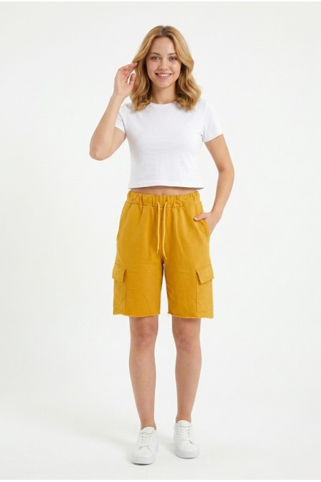 Bayan Kargo Cepli Pamuklu Bağcıklı ve Esnek Belli Rahat Günlük Yazlık Penye Şort Kapri