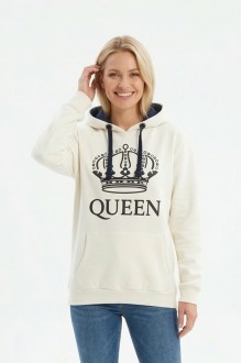 Kadın Beyaz Queen Yazılı Taç Baskılı Kapüşonlu Kanguru Cepli Sweatshirt