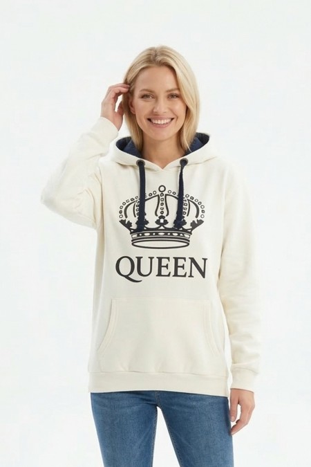 Kadın Beyaz Queen Yazılı Taç Baskılı Kapüşonlu Kanguru Cepli Sweatshirt