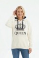 Kadın Beyaz Queen Yazılı Taç Baskılı Kapüşonlu Kanguru Cepli Sweatshirt