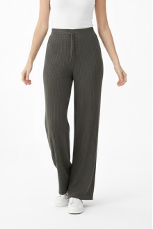 Kadın Haki Yüksek Bel Fitilli Örme Bağcıklı Esnek Likralı Geniş Paça Pantolon