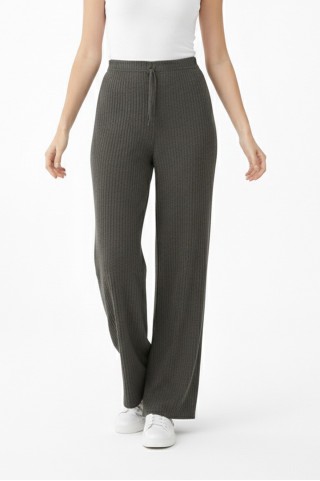 Kadın Haki Yüksek Bel Fitilli Örme Bağcıklı Esnek Likralı Geniş Paça Pantolon