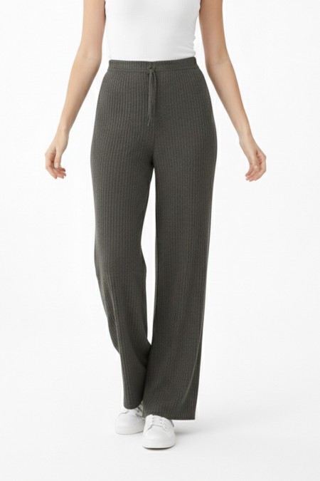 Kadın Haki Yüksek Bel Fitilli Örme Bağcıklı Esnek Likralı Geniş Paça Pantolon