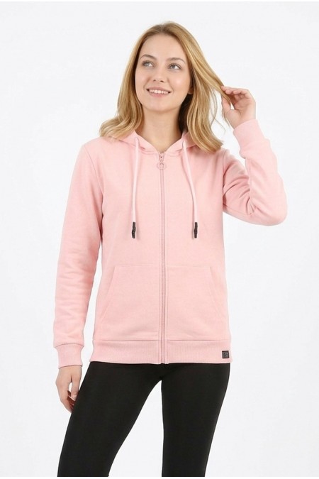 Kadın Üç İplik Şardonsuz Düz Kapüşonlu Fermuarlı Kanguru Cepli Günlük Sweatshirt
