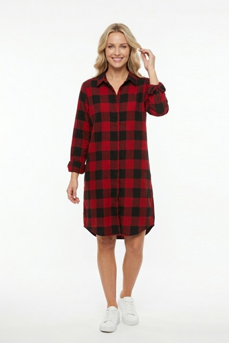 Kadın Kırmızı Siyah Ekose Desenli Düğmeli Uzun Kollu Pamuklu Gömlek Tunik Elbise