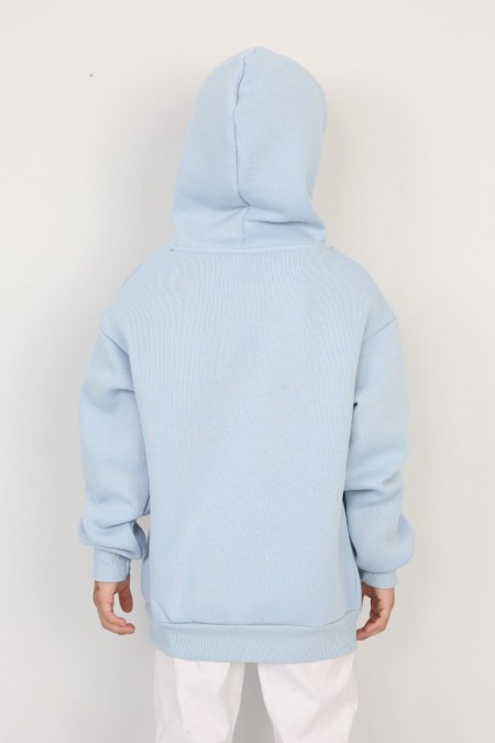 Üç İplik Şardonlu Baskılı Kapşonlu Mavi Sweat