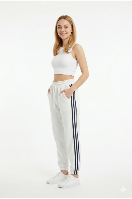 Bayan İki İplik Üç Çizgili Rahat Kesim Lastik Paçalı Cepli Günlük Spor Giyim Alt Eşofman