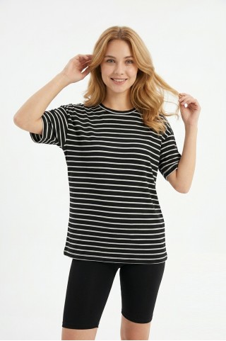 Kadın Yatay Çizgili Bisiklet Yaka Slim Fit Pamuklu Kısa Kollu Yazlık Tişört 