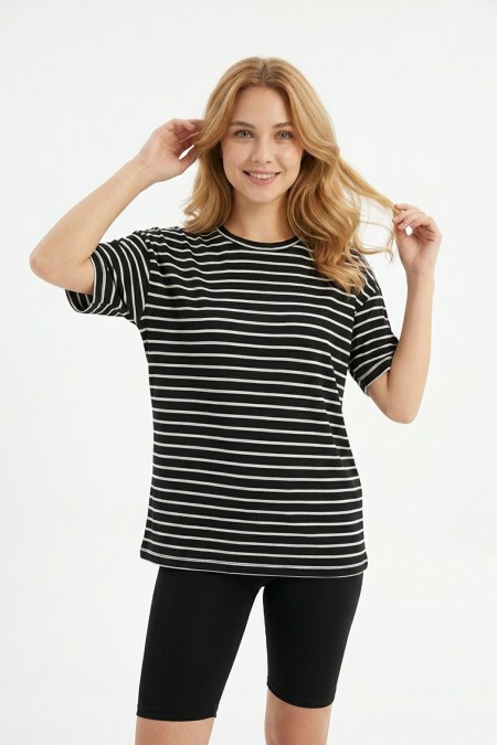 Kadın Yatay Çizgili Bisiklet Yaka Slim Fit Pamuklu Kısa Kollu Yazlık Tişört 