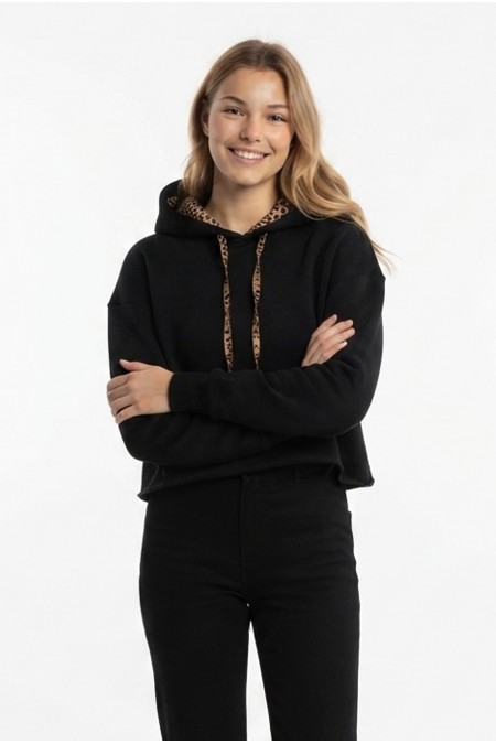 Kadın Leopar Detaylı Kapüşonlu Crop Oversize Kalın Sweatshirt