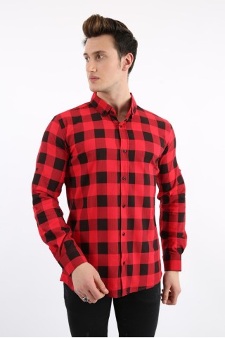 Büyük Kare Likralı Kırmızı Gömlek