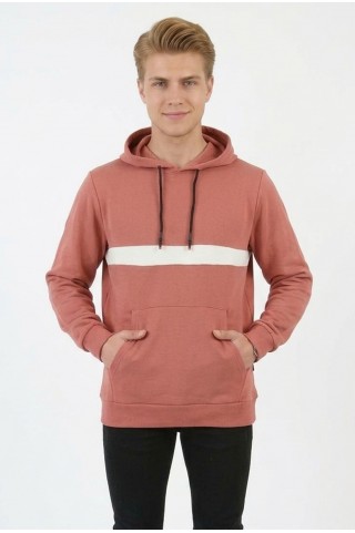 Erkek Üç İplik Kapşonlu Kalın Çizgili Kanguru Cepli Günlük Sweatshirt