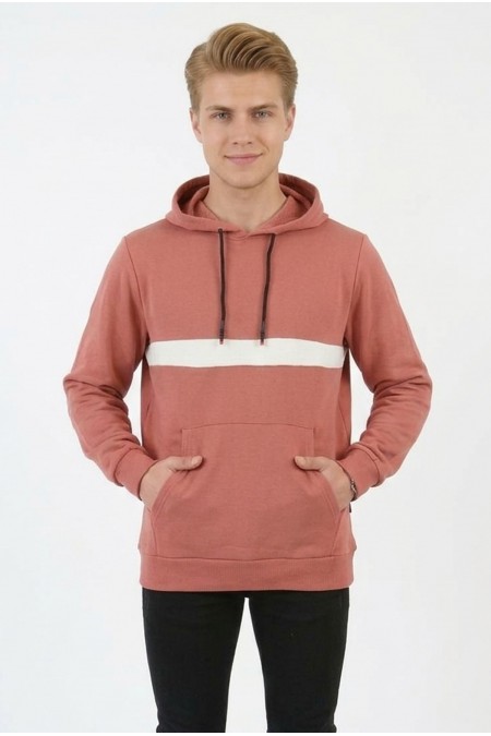 Erkek Üç İplik Kapşonlu Kalın Çizgili Kanguru Cepli Günlük Sweatshirt